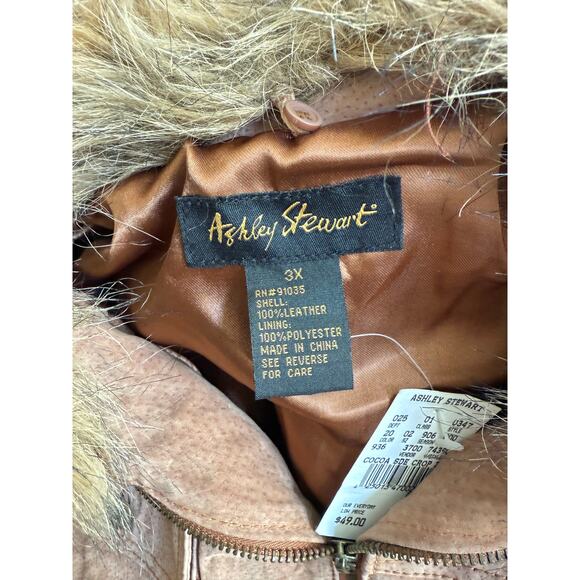 Vintage Ashley Stewart cocoa brown leather jacket collar fur size 3X NEW - Picture 4 of 7